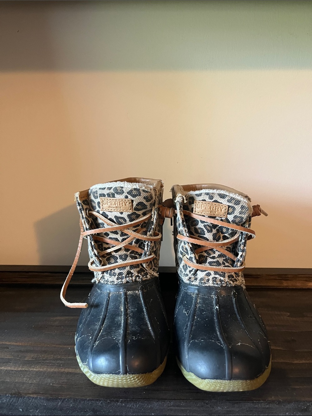 Sperry Leopard-Print Duck Boots with Black Rubber Toe and Tan Accents